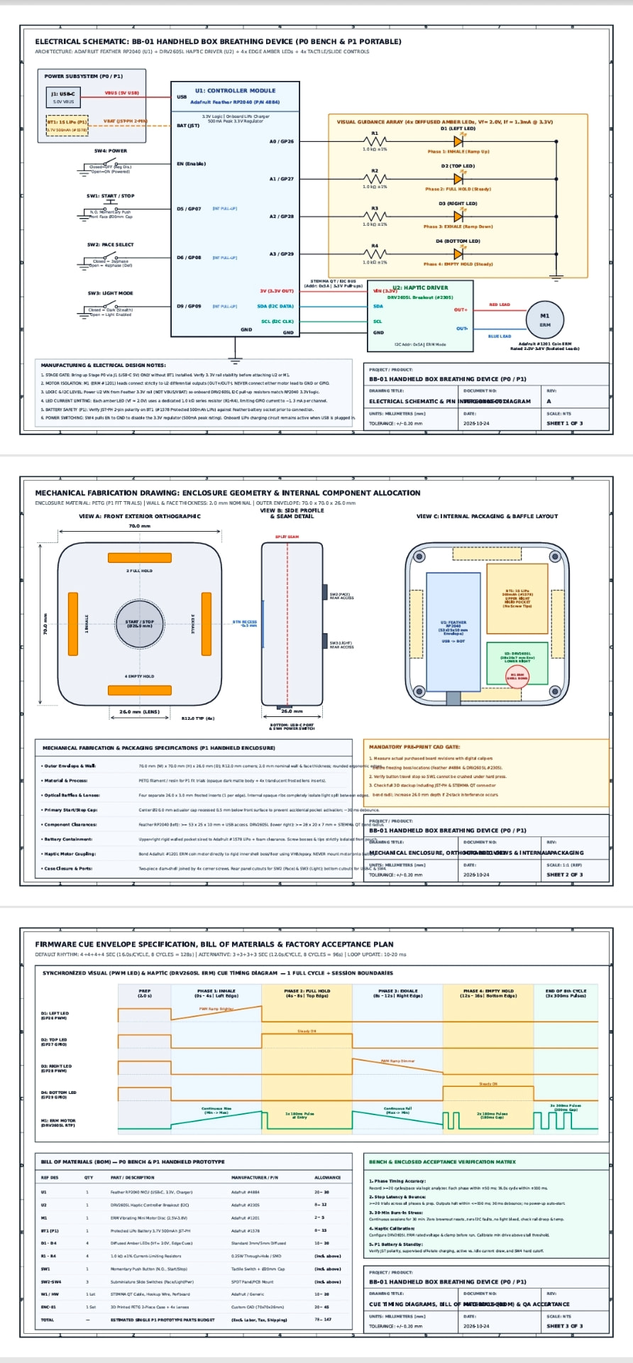 BB-01 prototype engineering drawings showing the electrical schematic, enclosure layout, and breathing cue timing